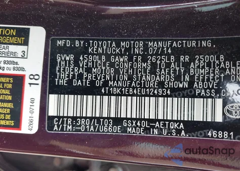 2014 Toyota Avalon Xle Touring from USA, damaged, VIN 4T1BK1EB4EU124934